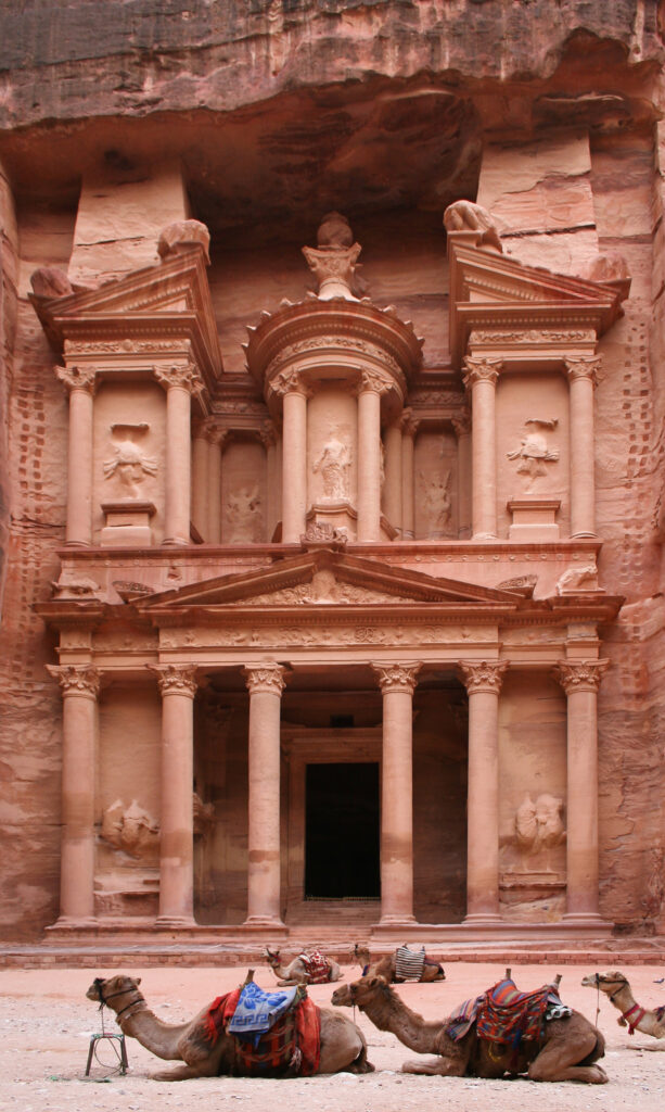 The Treasury (Al-Khazneh) at Petra, Jordan, framed by the Siq canyon