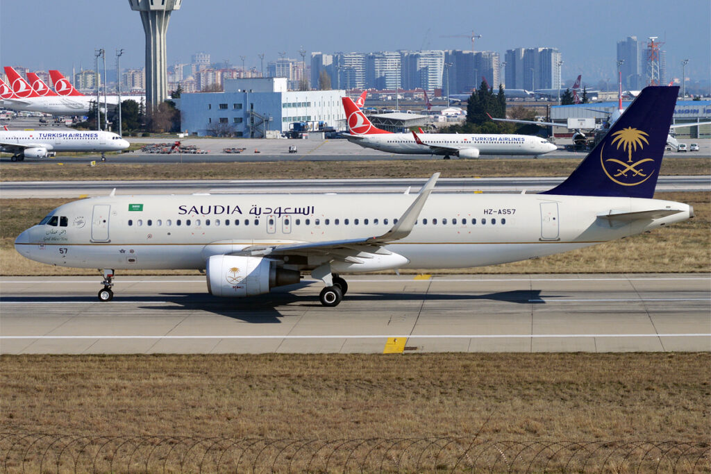 A Saudia Airbus aircraft, the carrier operating the nonstop flight to AlUla